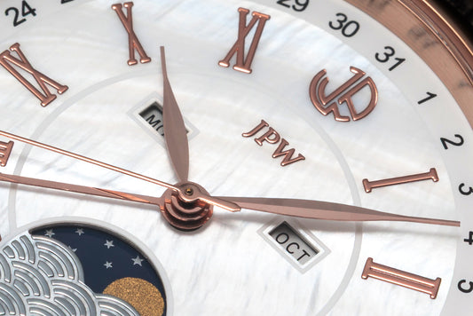 JPW Moon Phase Triple Calendar Watch, Made in Japan, Pink Gold and White [JP-002-PGWH]