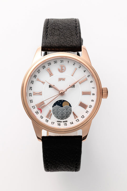 JPW Moon Phase Triple Calendar Watch, Made in Japan, Pink Gold and White [JP-002-PGWH]