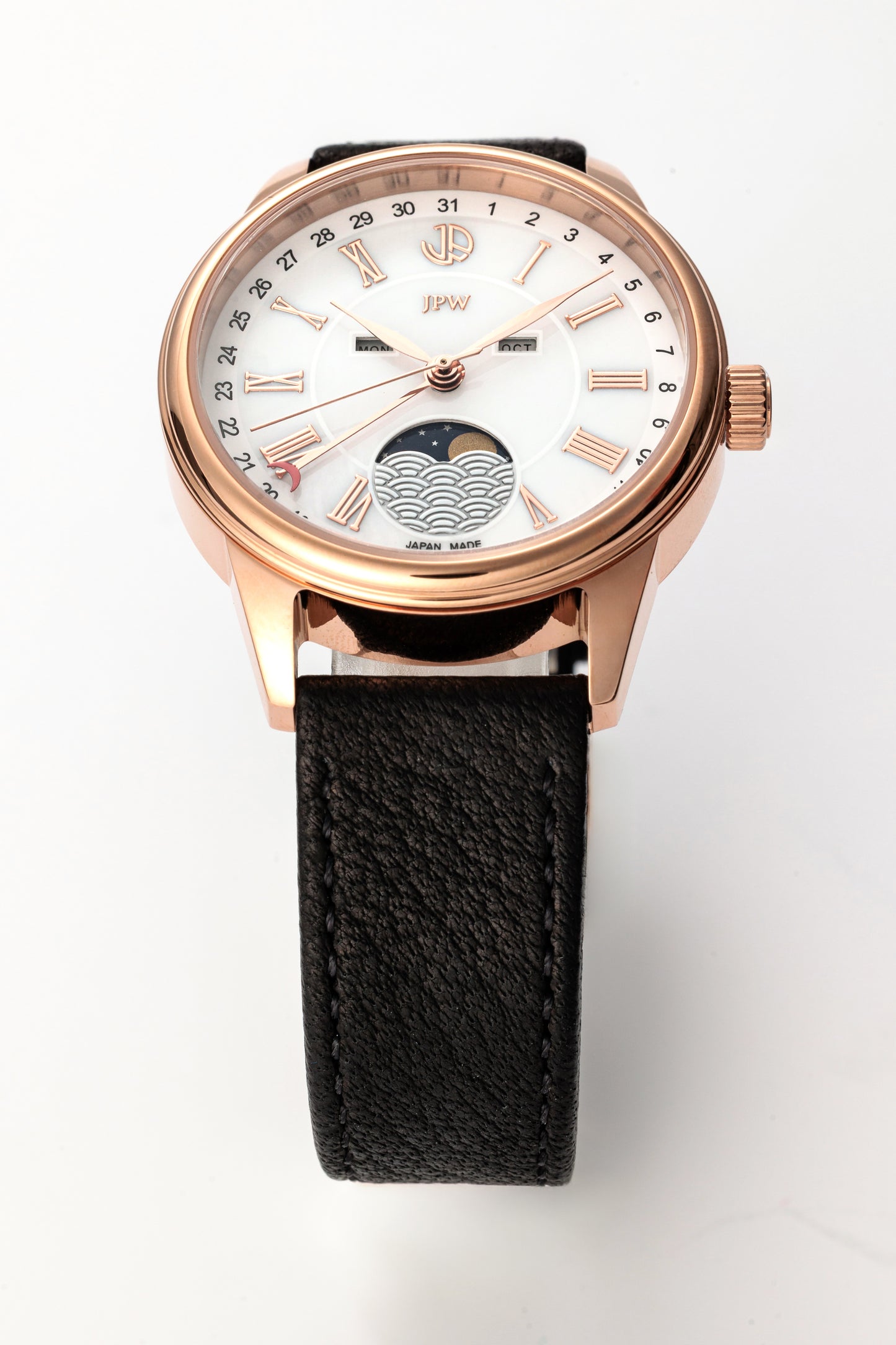 JPW Moon Phase Triple Calendar Watch, Made in Japan, Pink Gold and White [JP-002-PGWH]