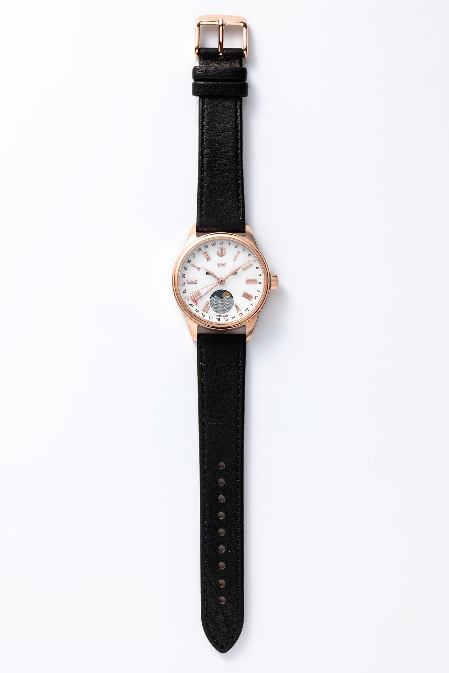 JPW Moon Phase Triple Calendar Watch, Made in Japan, Pink Gold and White [JP-002-PGWH]