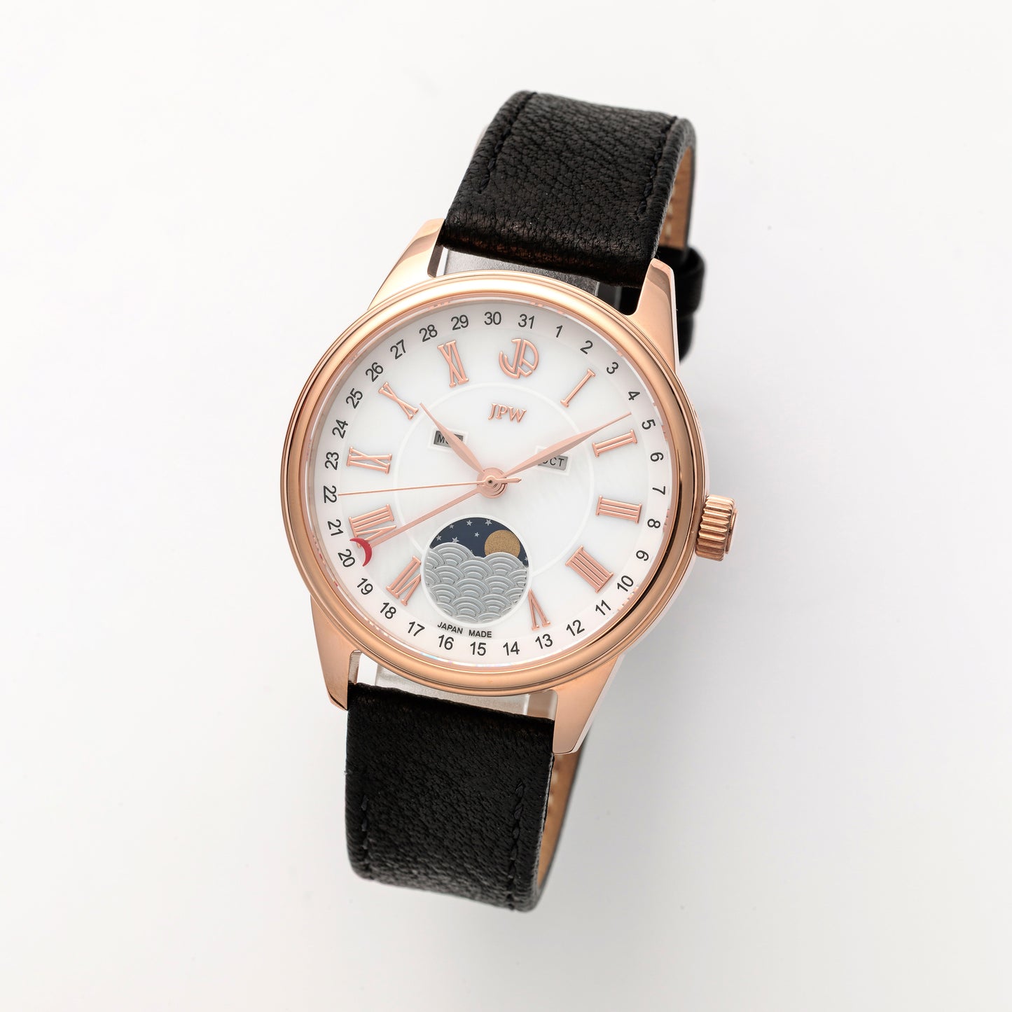 JPW Moon Phase Triple Calendar Watch, Made in Japan, Pink Gold and White [JP-002-PGWH]
