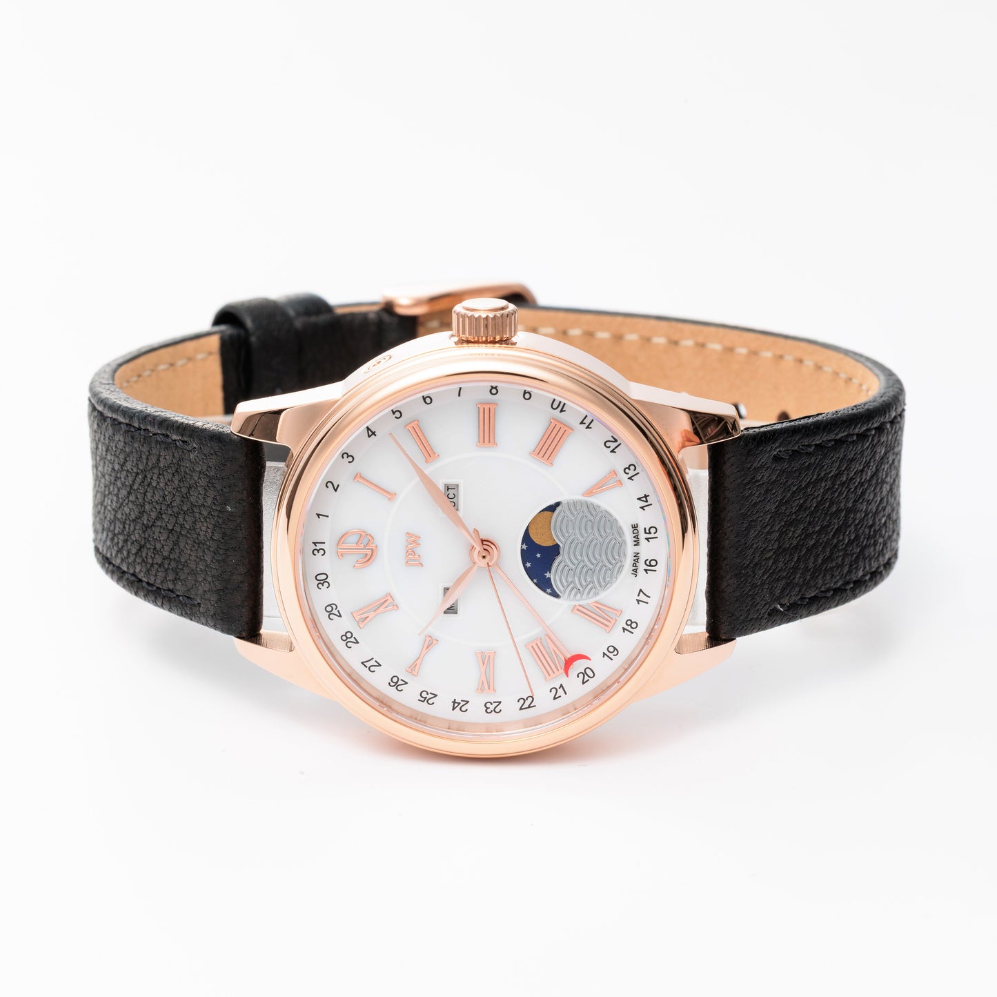 JPW Moon Phase Triple Calendar Watch, Made in Japan, Pink Gold and White [JP-002-PGWH]