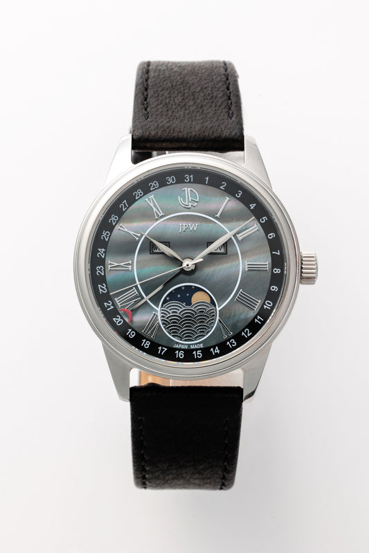 JPW Moon Phase Triple Calendar Watch, Made in Japan, Silver and Black [JP-002-SSBK]