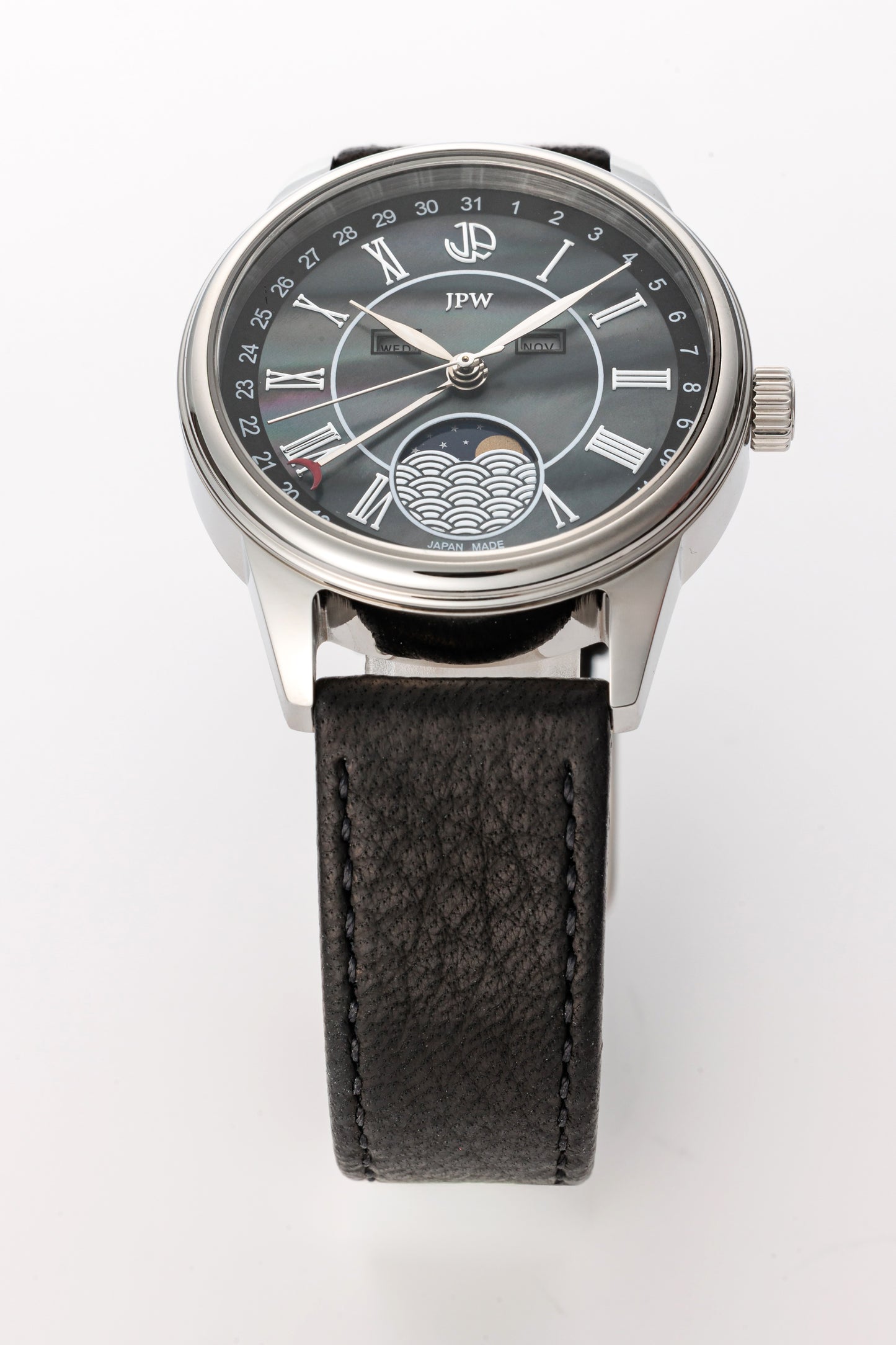 JPW Reloj de pulsera Fase Lunar Triple Calendario Hecho en Japón Plata × Negro【JP-002-SSBK】