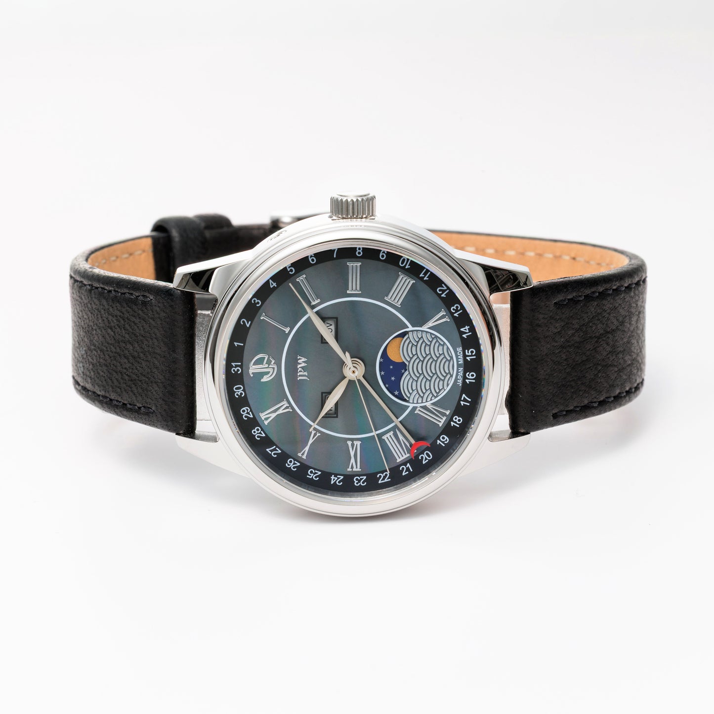 JPW Reloj de pulsera Fase Lunar Triple Calendario Hecho en Japón Plata × Negro【JP-002-SSBK】