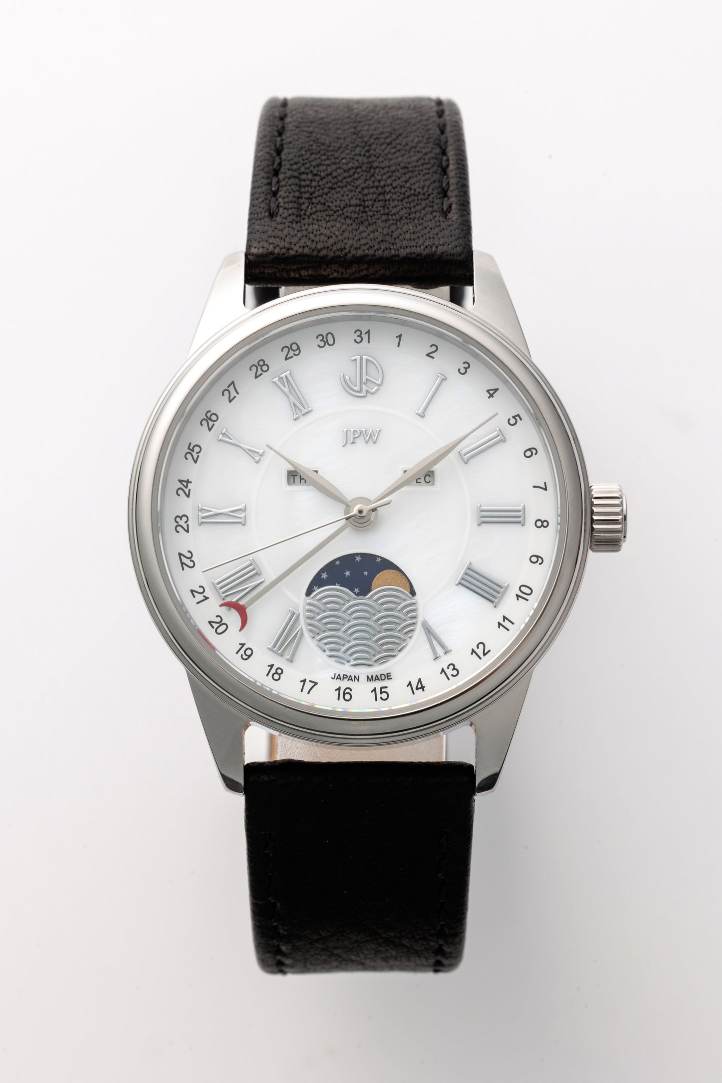 JPW Moon Phase Triple Calendar Watch, Made in Japan, Silver and White [JP-002-SSWH]