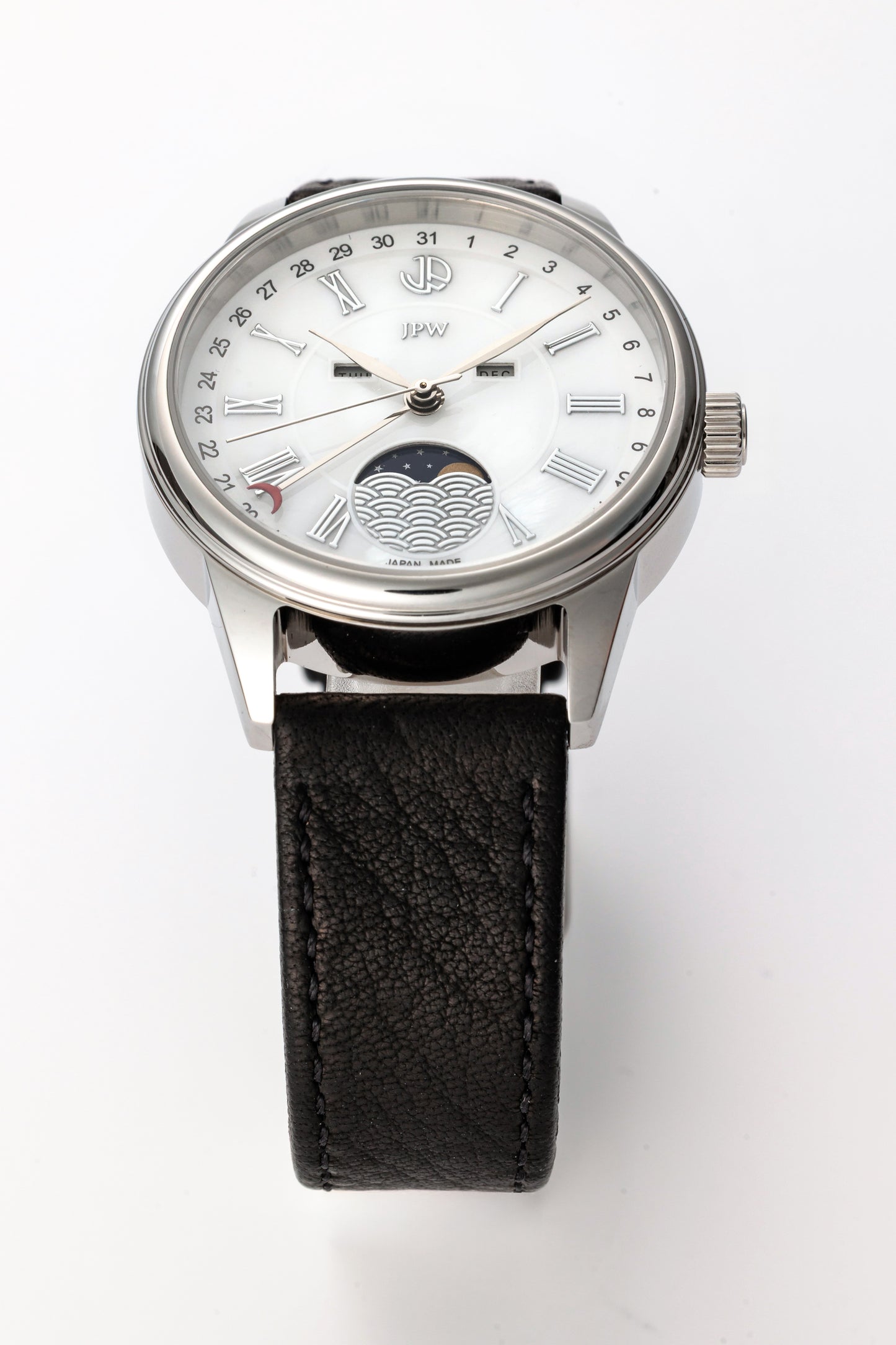 JPW Moon Phase Triple Calendar Watch, Made in Japan, Silver and White [JP-002-SSWH]