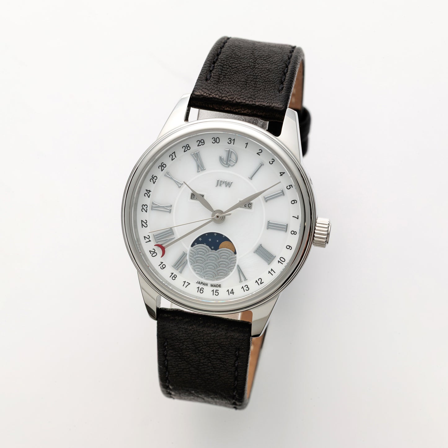JPW Moon Phase Triple Calendar Watch, Made in Japan, Silver and White [JP-002-SSWH]