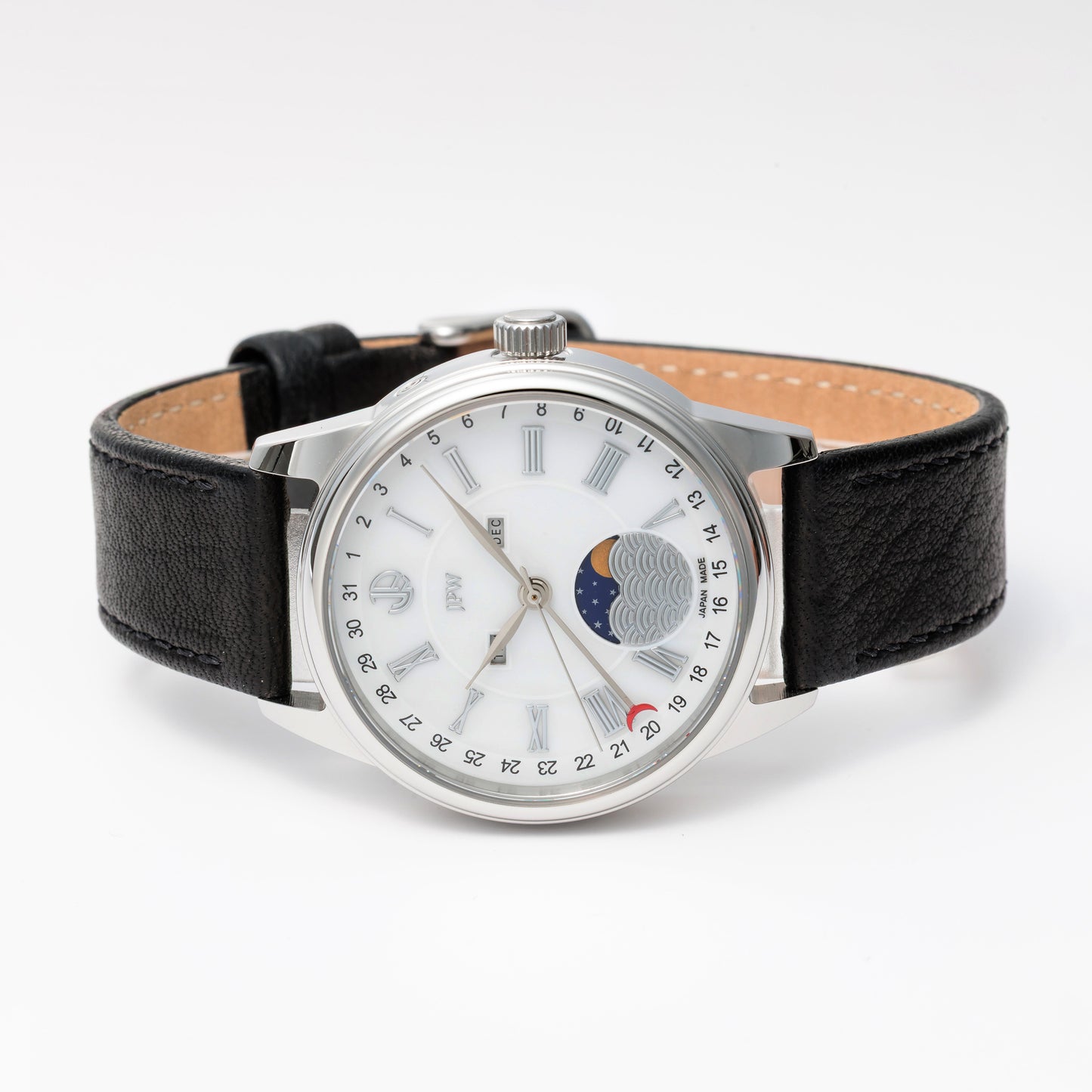 JPW Moon Phase Triple Calendar Watch, Made in Japan, Silver and White [JP-002-SSWH]